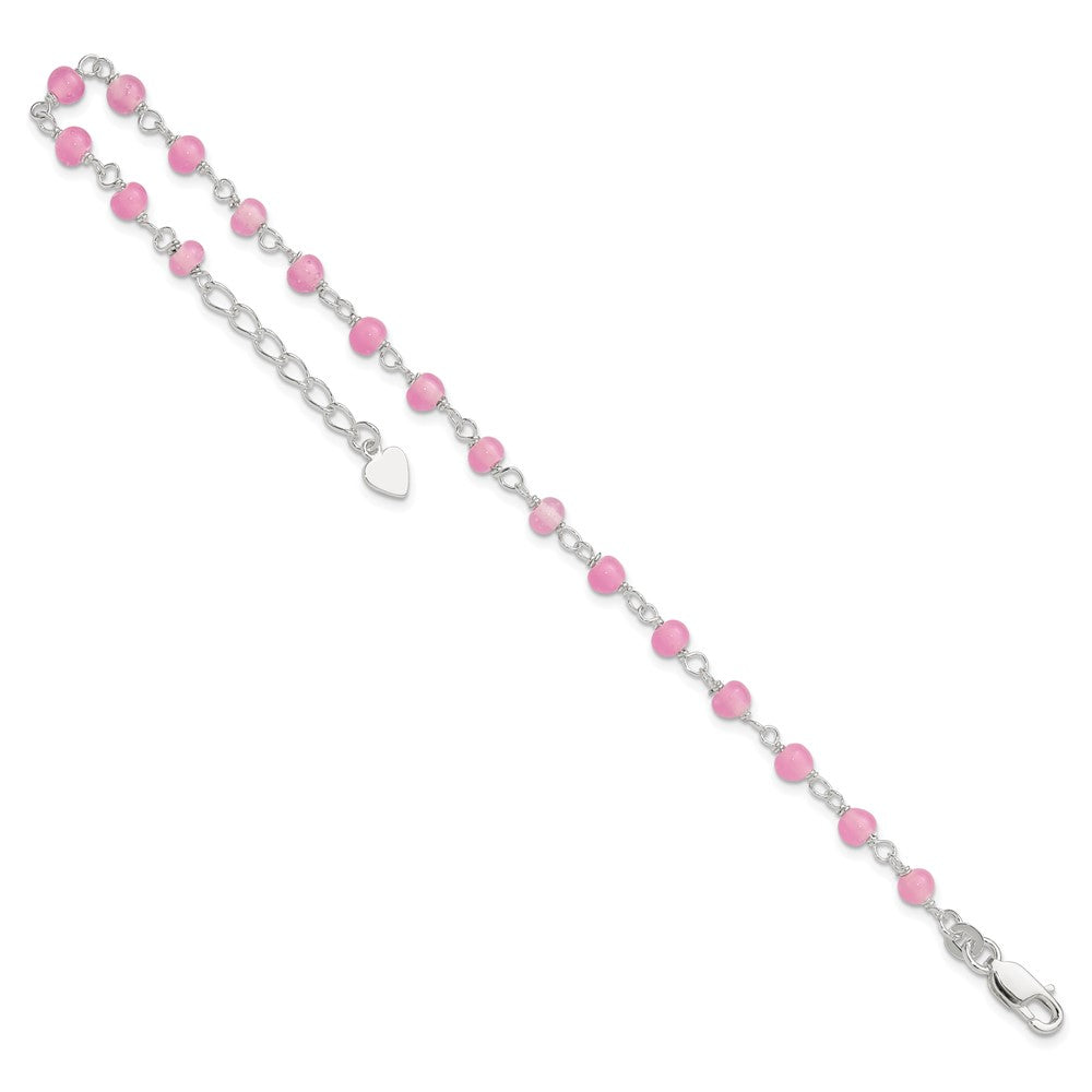Sterling Silver Pink Glass Bead With Heart 8In Plus 1In Ext Anklet