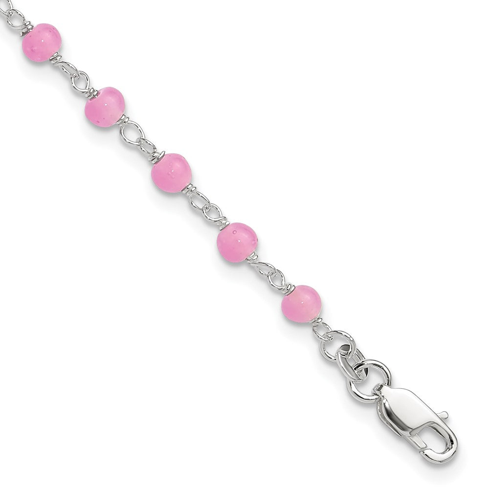 Sterling Silver Pink Glass Bead With Heart 8In Plus 1In Ext Anklet