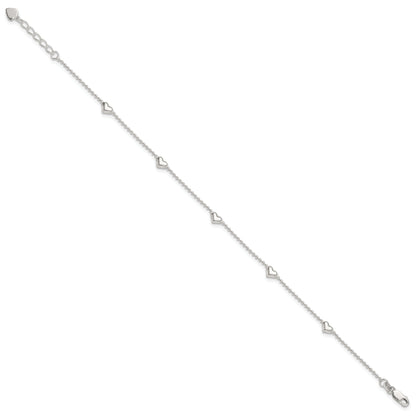 Sterling Silver Dangling Heart 9In Plus 1In Ext Anklet