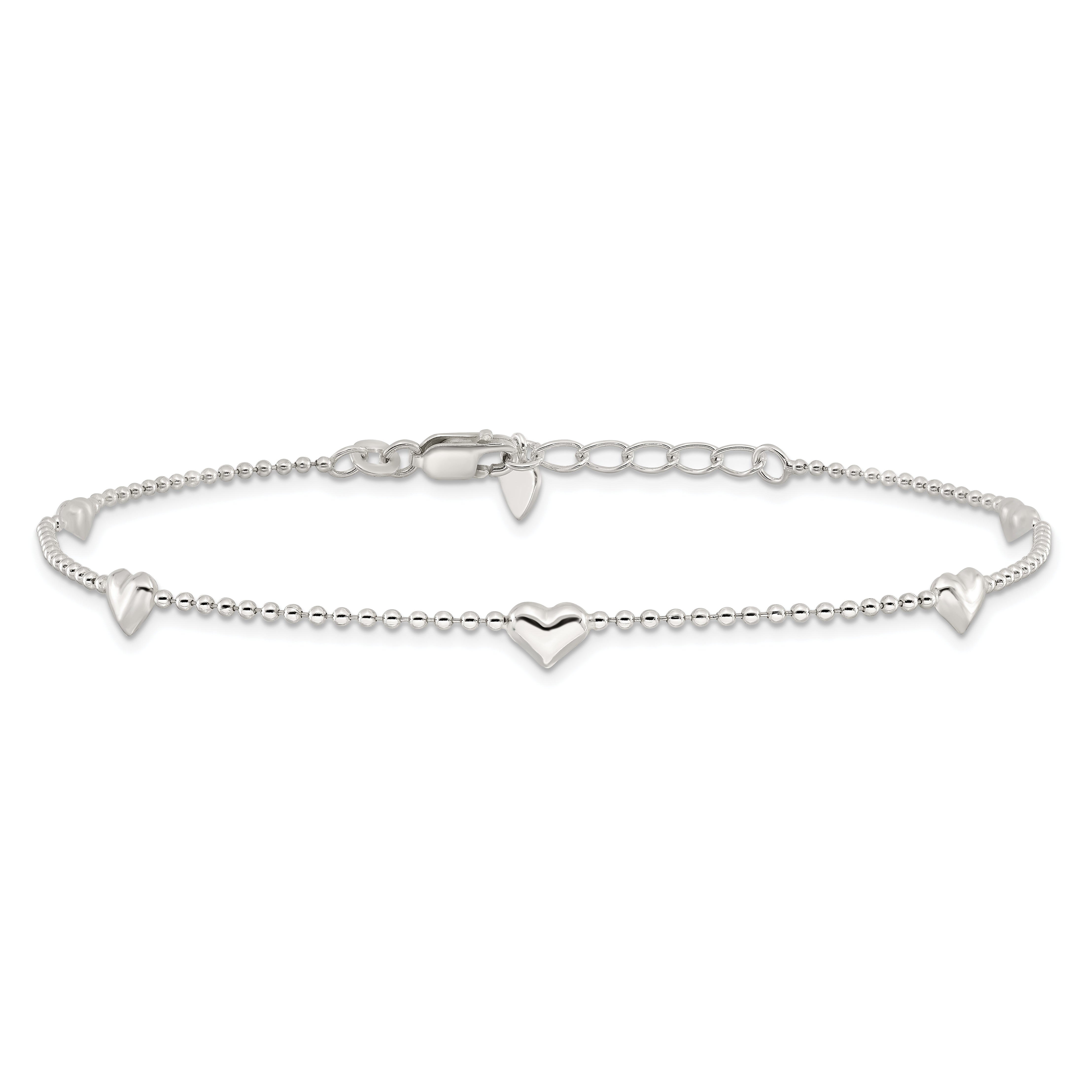 Sterling Silver Dangling Heart 9In Plus 1In Ext Anklet