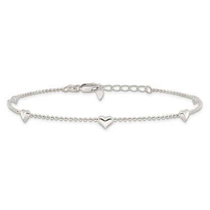Sterling Silver Dangling Heart 9In Plus 1In Ext Anklet