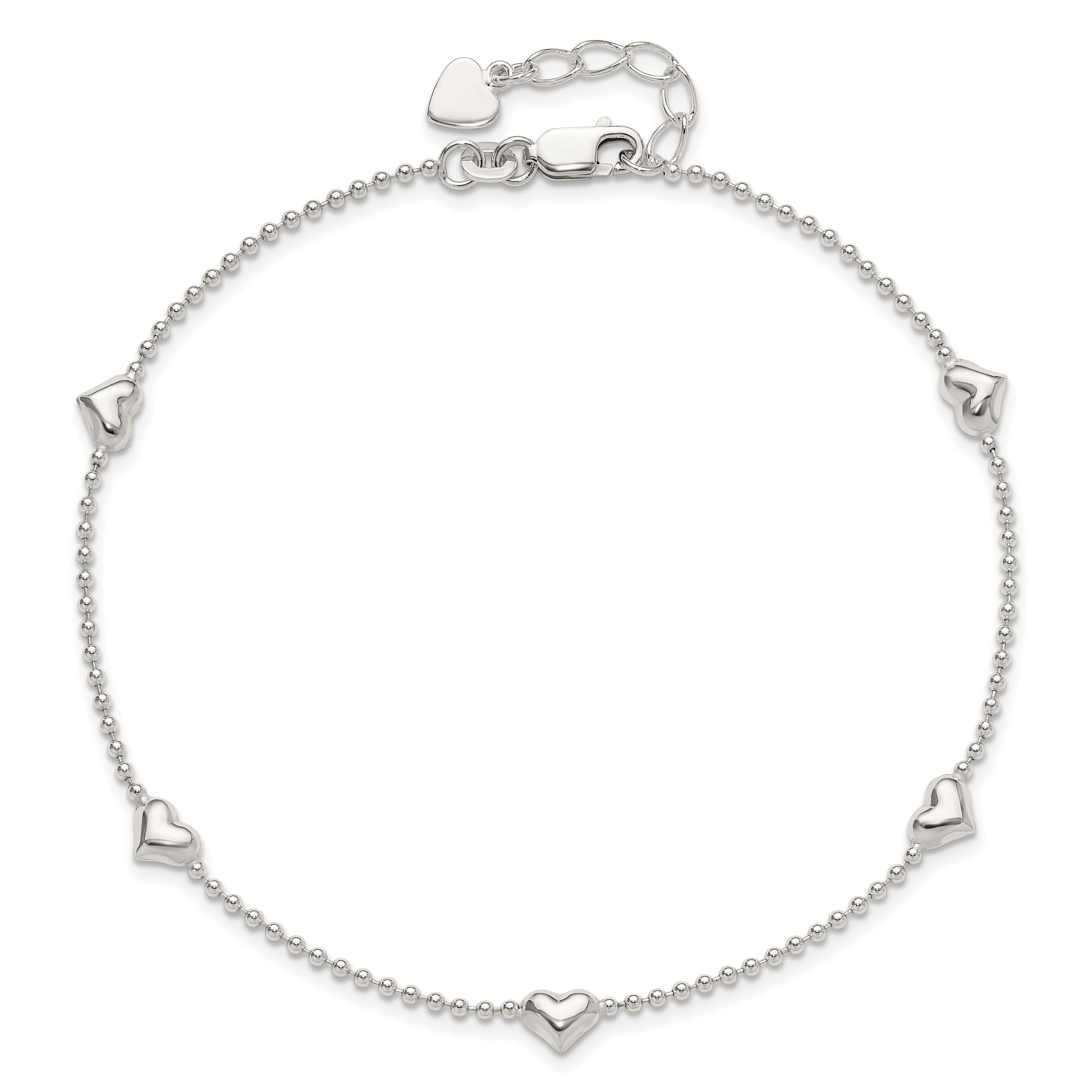 Sterling Silver Dangling Heart 9In Plus 1In Ext Anklet