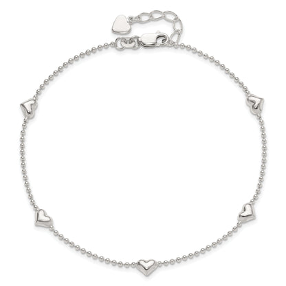 Sterling Silver Dangling Heart 9In Plus 1In Ext Anklet