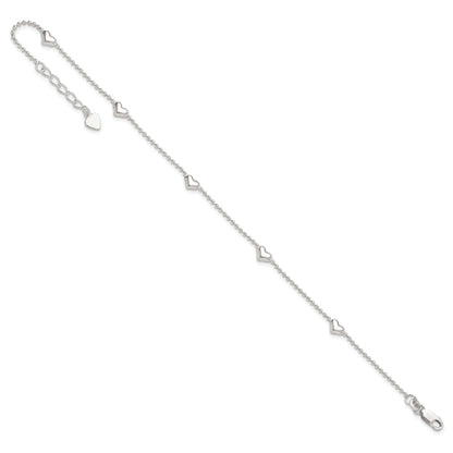Sterling Silver Dangling Heart 9In Plus 1In Ext Anklet