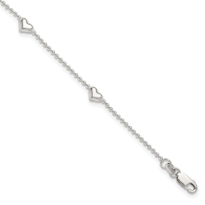 Sterling Silver Dangling Heart 9In Plus 1In Ext Anklet