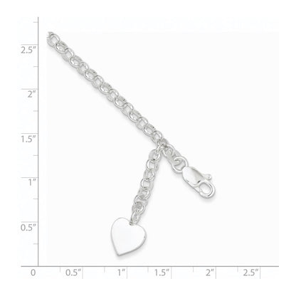 7.5 Inch Sterling Silver Engraveable Heart Charm Rolo Bracelet
