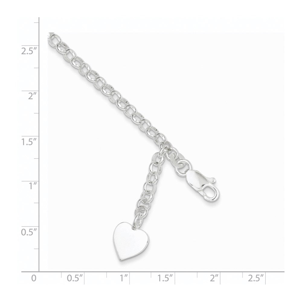 7.5 Inch Sterling Silver Engraveable Heart Charm Rolo Bracelet