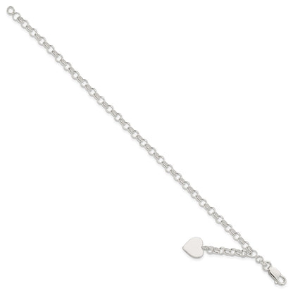 7.5 Inch Sterling Silver Engraveable Heart Charm Rolo Bracelet