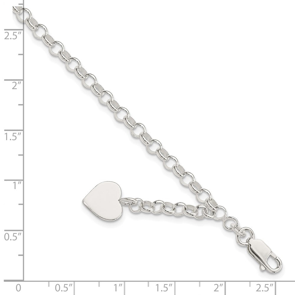 7.5 Inch Sterling Silver Engraveable Heart Charm Rolo Bracelet