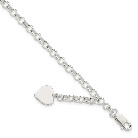 7.5 Inch Sterling Silver Engraveable Heart Charm Rolo Bracelet