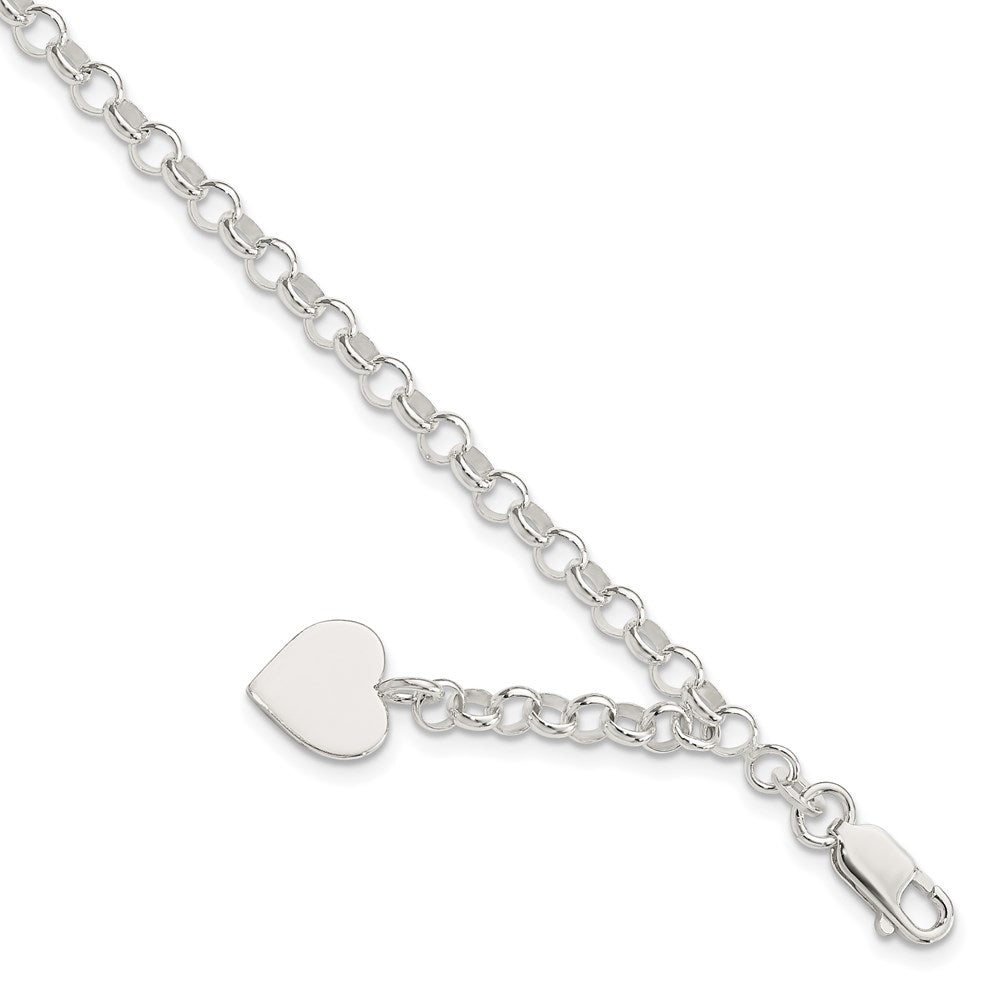 7.5 Inch Sterling Silver Engraveable Heart Charm Rolo Bracelet