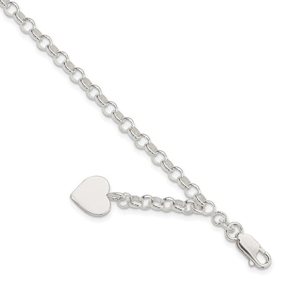 7.5 Inch Sterling Silver Engraveable Heart Charm Rolo Bracelet