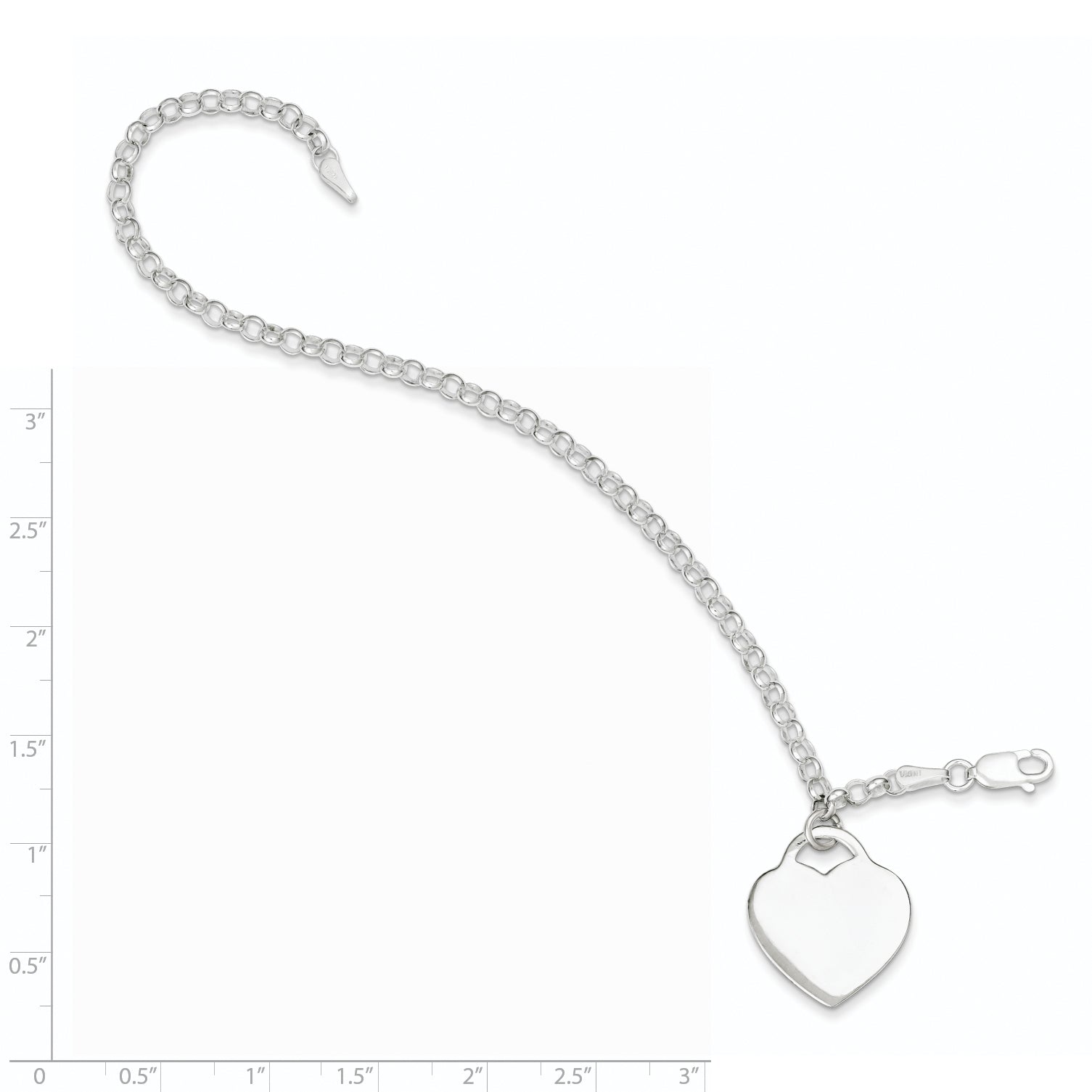 7.25 Inch Sterling Silver Engraveable Heart Charm Bracelet