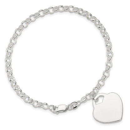 7.25 Inch Sterling Silver Polished Engraveable Heart Bracelet