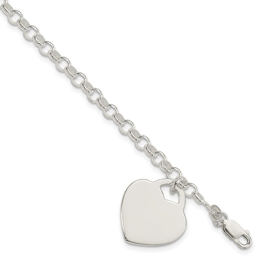 7.25 Inch Sterling Silver Polished Engraveable Heart Bracelet