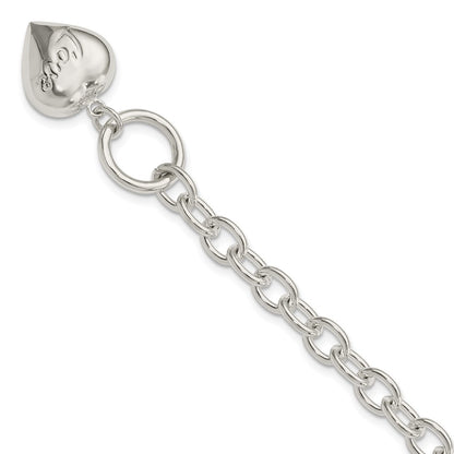 7.5 Inch Sterling Silver Love Puffed Heart Charm Bracelet