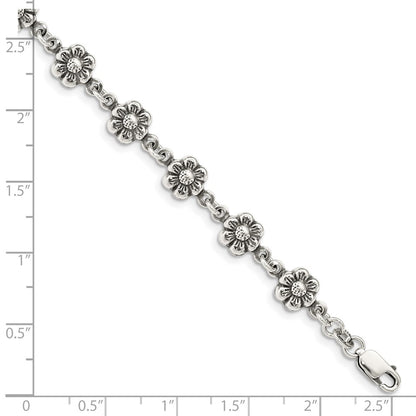 7 Inch Sterling Silver Antiqued Flower Charm Bracelet
