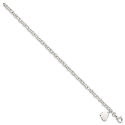 7 Inch Sterling Silver Oval Rolo With Solid Engraveable Heart Bracelet