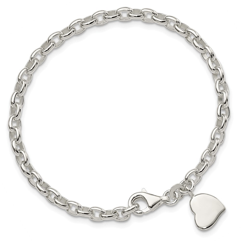 7 Inch Sterling Silver Oval Rolo With Solid Engraveable Heart Bracelet