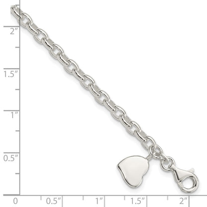 7 Inch Sterling Silver Oval Rolo With Solid Engraveable Heart Bracelet