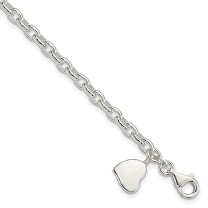 7 Inch Sterling Silver Oval Rolo With Solid Engraveable Heart Bracelet