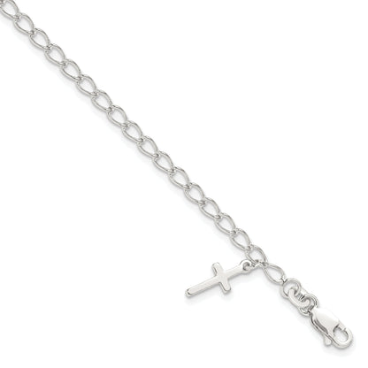 Sterling Silver Polished Latin Cross Charm With 1In Ext. Children'S Bracele