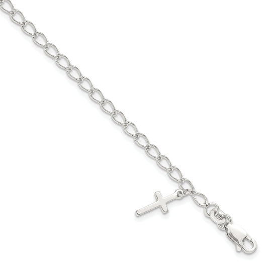 Sterling Silver Polished Latin Cross Charm With 1In Ext. Children'S Bracele