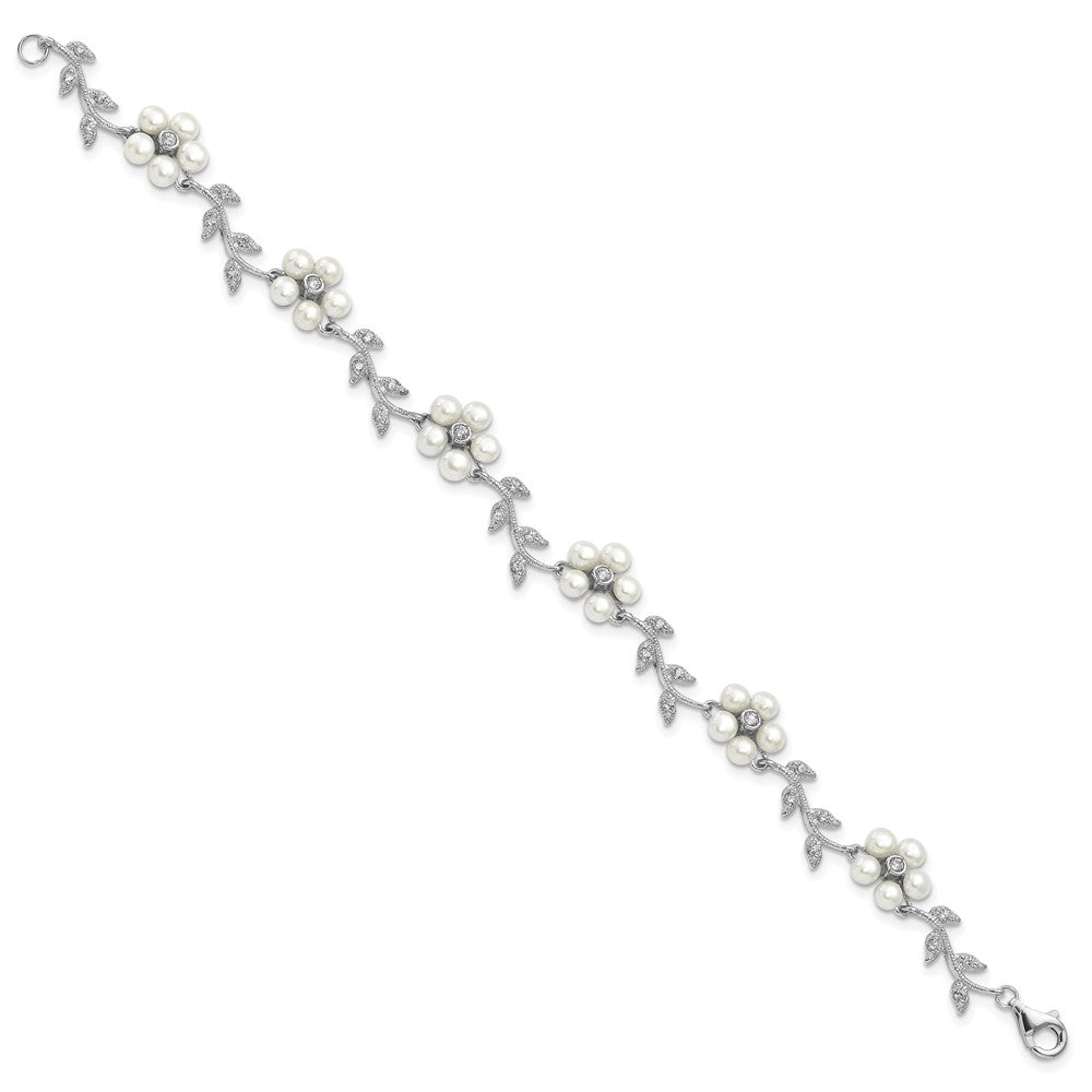 Sterling Silver Rhodium-Plated Cz Vine Pattern And Fresheater Cultured Pearl Floral 7 Inch Bracelet