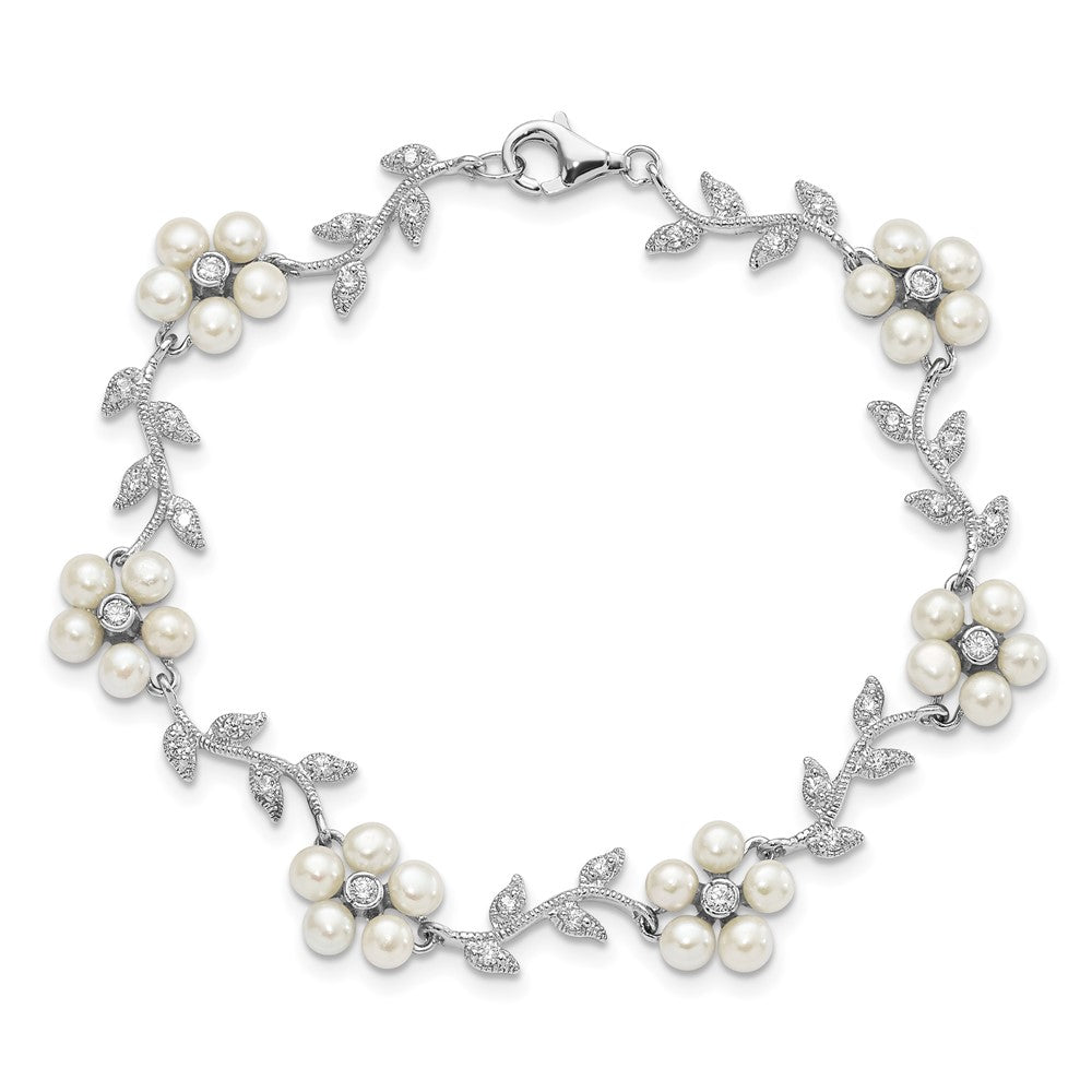 Sterling Silver Rhodium-Plated Cz Vine Pattern And Fresheater Cultured Pearl Floral 7 Inch Bracelet