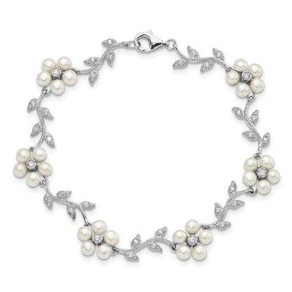 Sterling Silver Rhodium-Plated Cz Vine Pattern And Fresheater Cultured Pearl Floral 7 Inch Bracelet