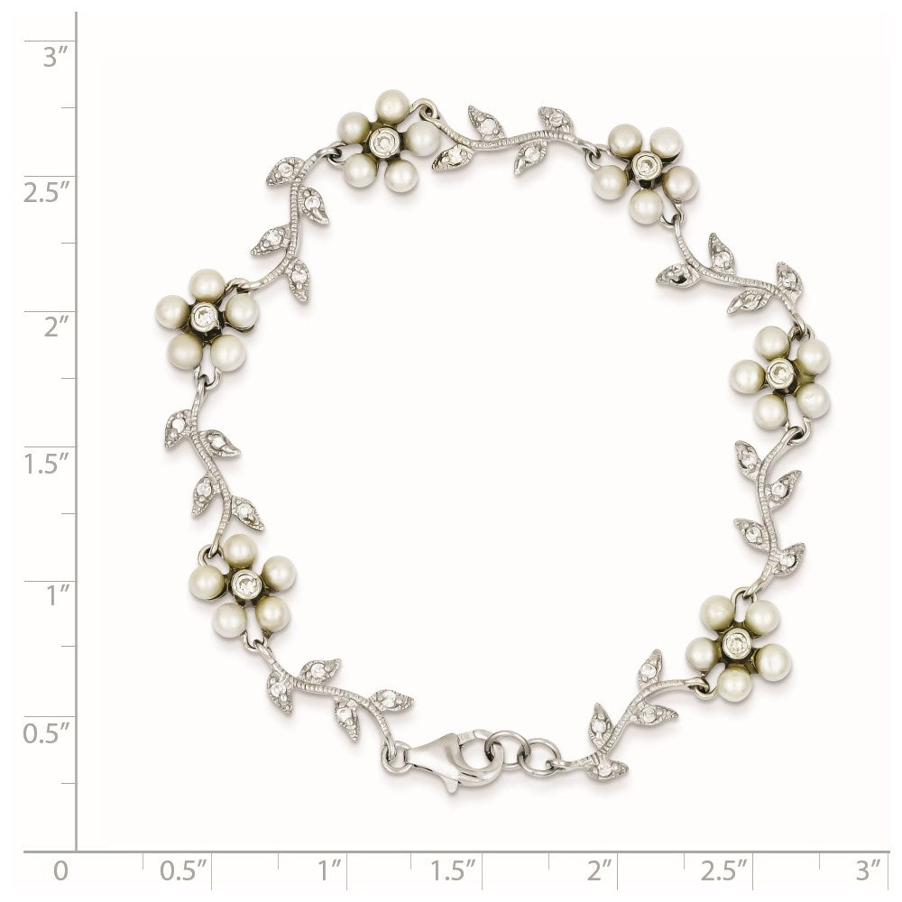 Sterling Silver Rhodium-Plated Cz Vine Pattern And Fresheater Cultured Pearl Floral 7 Inch Bracelet