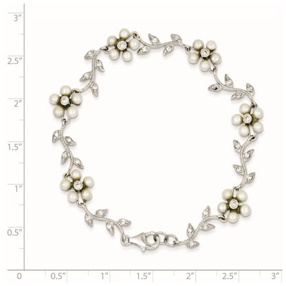 Sterling Silver Rhodium-Plated Cz Vine Pattern And Fresheater Cultured Pearl Floral 7 Inch Bracelet