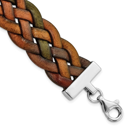 7 Inch Sterling Silver Wide Multi-Colored Woven Leather Bracelet