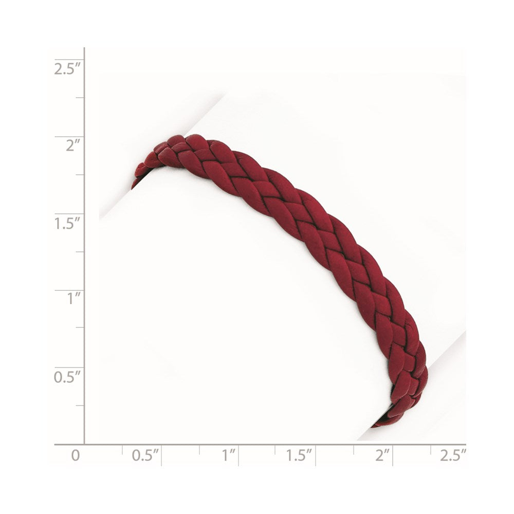 Sterling Silver Rhodium Plated Red Braided Leather 7 Inch Bracelet