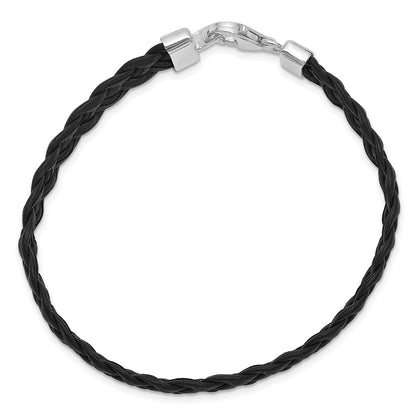 7 Inch Sterling Silver Rhodium-Plated Black Braided Leather Bracelet