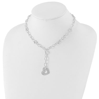 Sterling Silver Polished & Textured Heart Drop Necklace