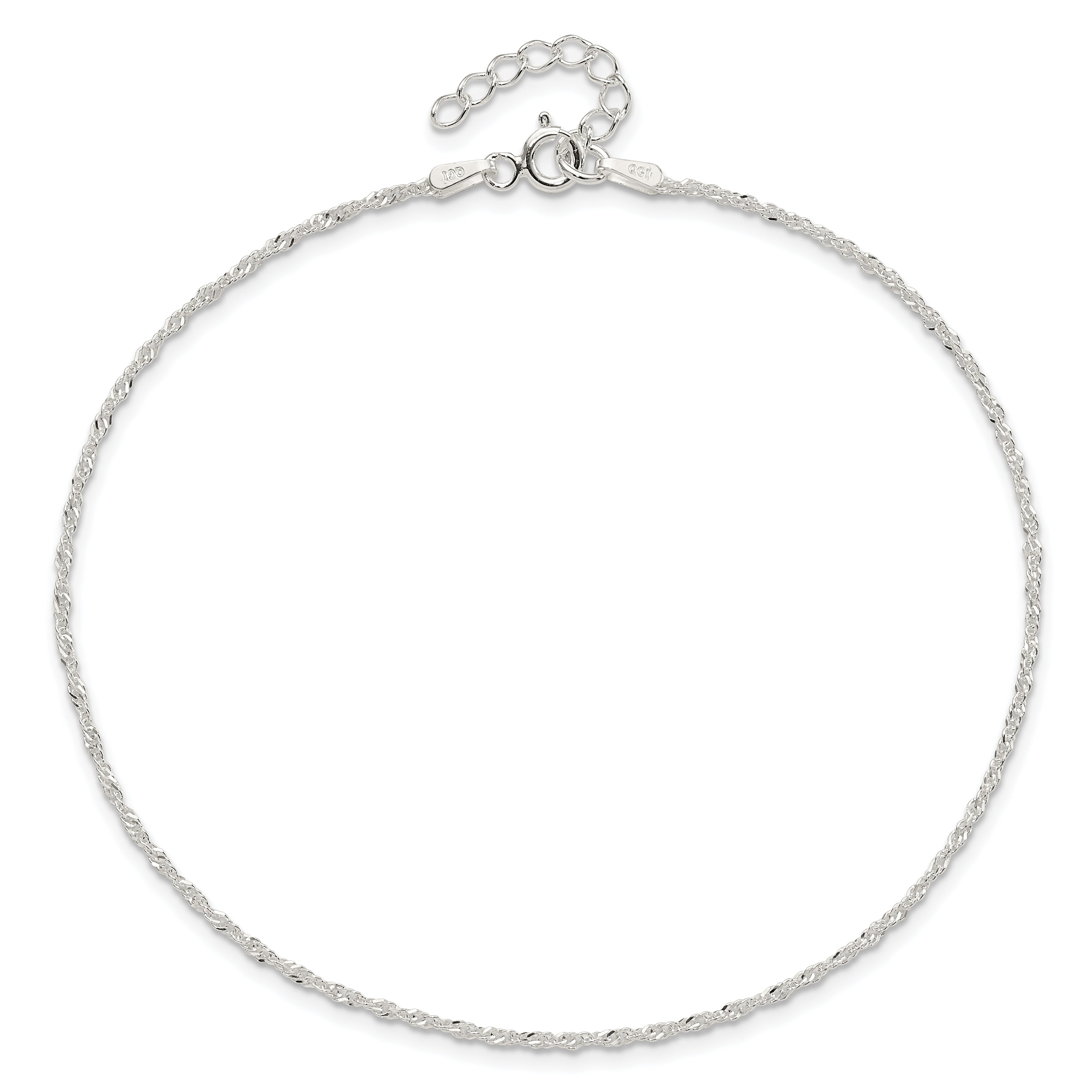 9 Inch Sterling Silver 1.3mm Singapore 9In Plus 1In Ext. Chain Anklet
