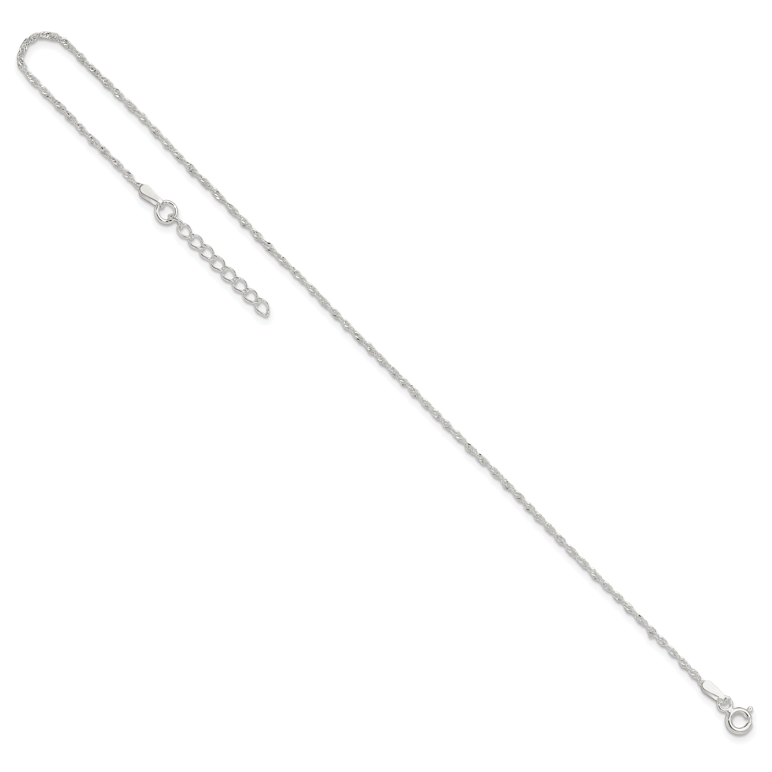 9 Inch Sterling Silver 1.3mm Singapore 9In Plus 1In Ext. Chain Anklet