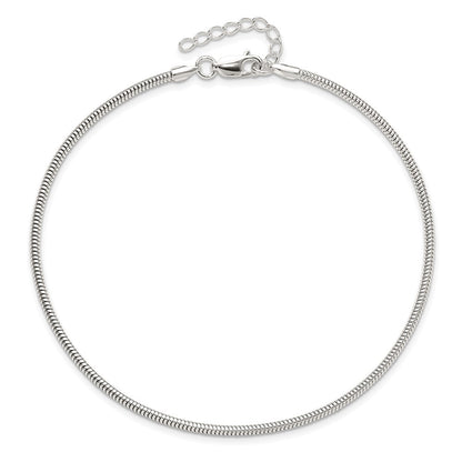 9 Inch Sterling Silver 2mm Snake Chain 9In Plus 1In Ext. Anklet