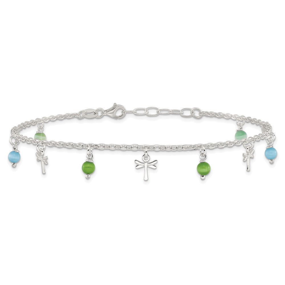 Sterling Silver Dragonfly With Aqua Green Beads 1Ext Anklet