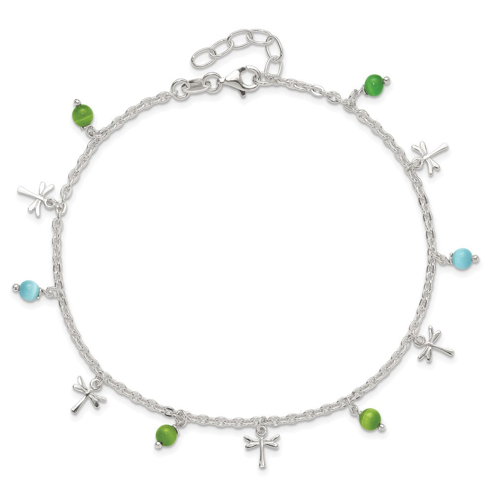 Sterling Silver Dragonfly With Aqua Green Beads 1Ext Anklet