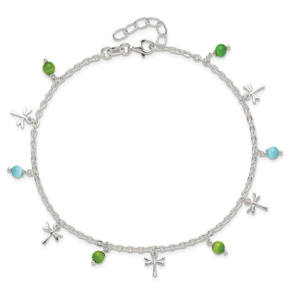 Sterling Silver Dragonfly With Aqua Green Beads 1Ext Anklet