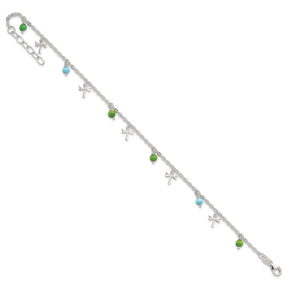 Sterling Silver Dragonfly With Aqua Green Beads 1Ext Anklet