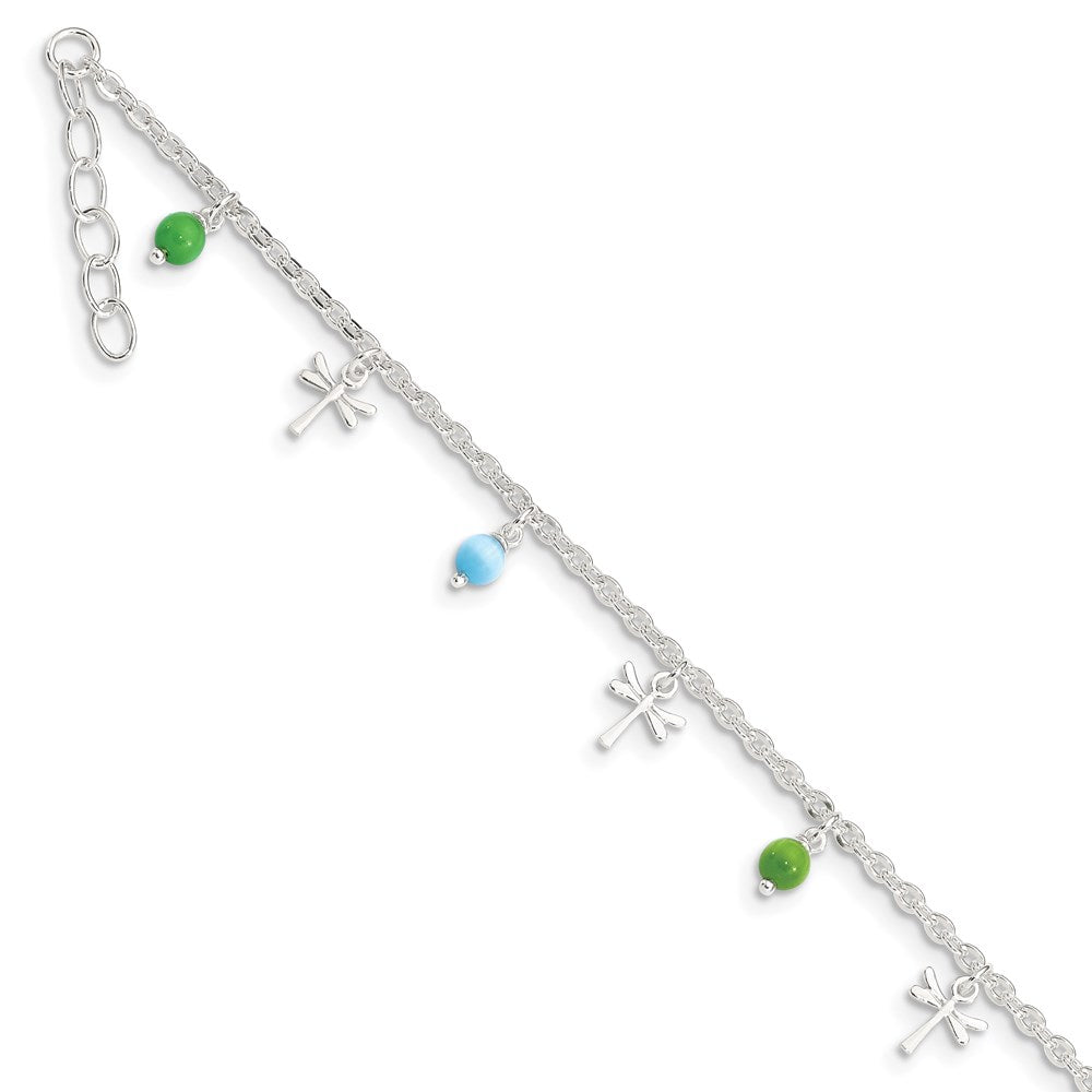 Sterling Silver Dragonfly With Aqua Green Beads 1Ext Anklet