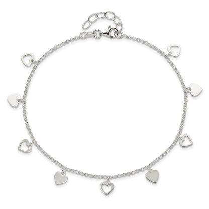 Sterling Silver Polished Hearts 9In Plus 1In Ext. Anklet