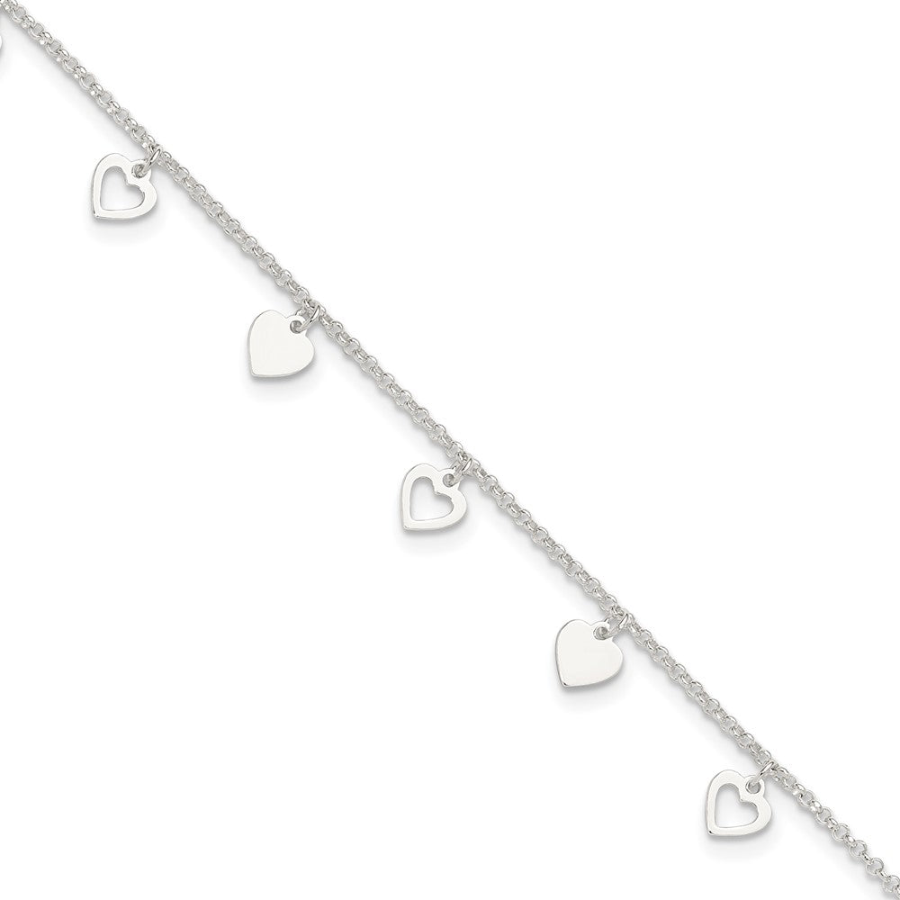 Sterling Silver Polished Hearts 9In Plus 1In Ext. Anklet