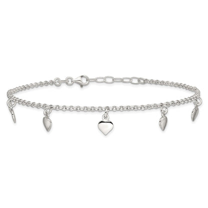 Sterling Silver Polished Hearts Anklet