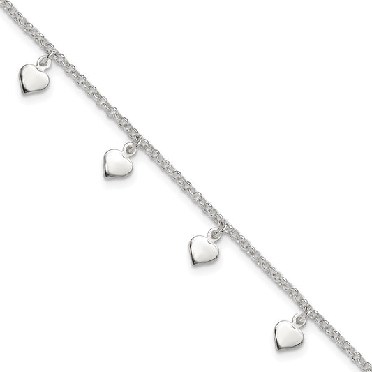 Sterling Silver Polished Hearts Anklet