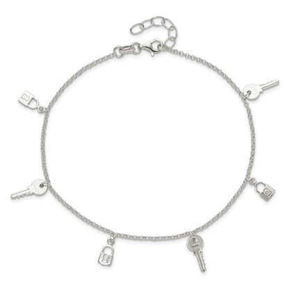 Sterling Silver Polished Lock And Key 9In Plus 1In Ext. Anklet