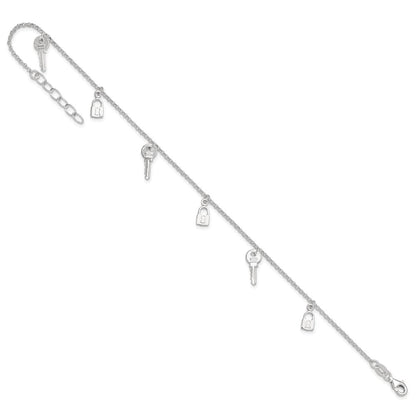 Sterling Silver Polished Lock And Key 9In Plus 1In Ext. Anklet